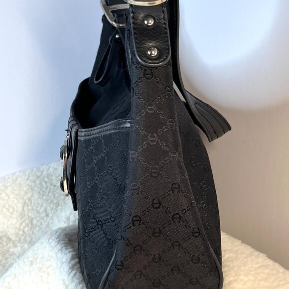 Vintage Black Etienne Aigner Hobo Bag with Monogram Print and Clasp - Picture 6 of 16